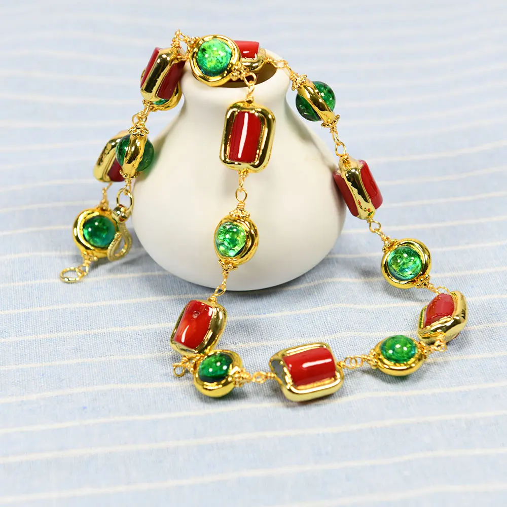 GuaiGuai Jewelry Green Murano Glass Red Coral 24K Gold Plated Edge Chain Choker Necklace Handmade Lady Jewelry Party Gifts