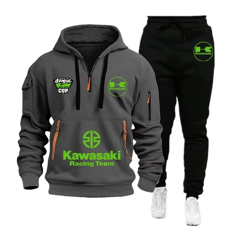 Kawasaki Men's Half Zipper Outdoor Extreme Sports Enthusiast Kawasaki Motorcycle Spring and Autumn Leisure Set Hoodie and Pants