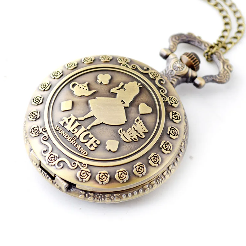 Disney Alice in Wonderland Retro Theme Bronze Quartz Pocket Watches Vintage Fob Watches Surprise Brithday Gift for Children Toy