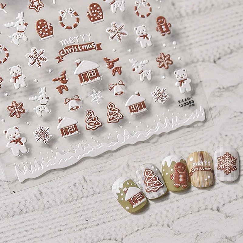 5D Realistic Relief White Coffee Snowflake Snowy House Gingerbread Man Adhesive Nail Art Stickers Decals Manicure X'mas Charms