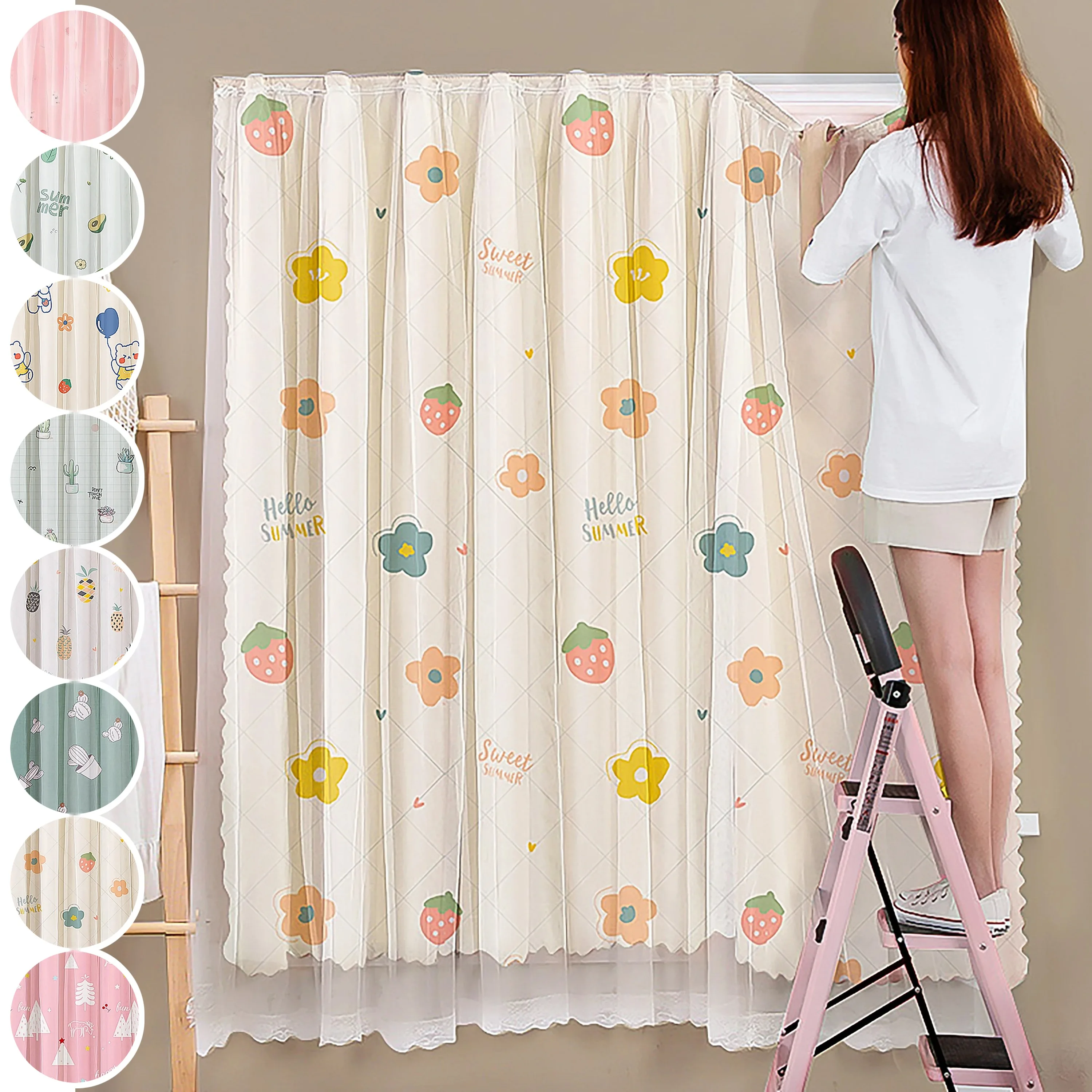 

1PC Double Layer Cartoon Self-adhesive Blackout Curtains No-punch Portable Suitable for Living Room Bedroom Kitchen Decoration