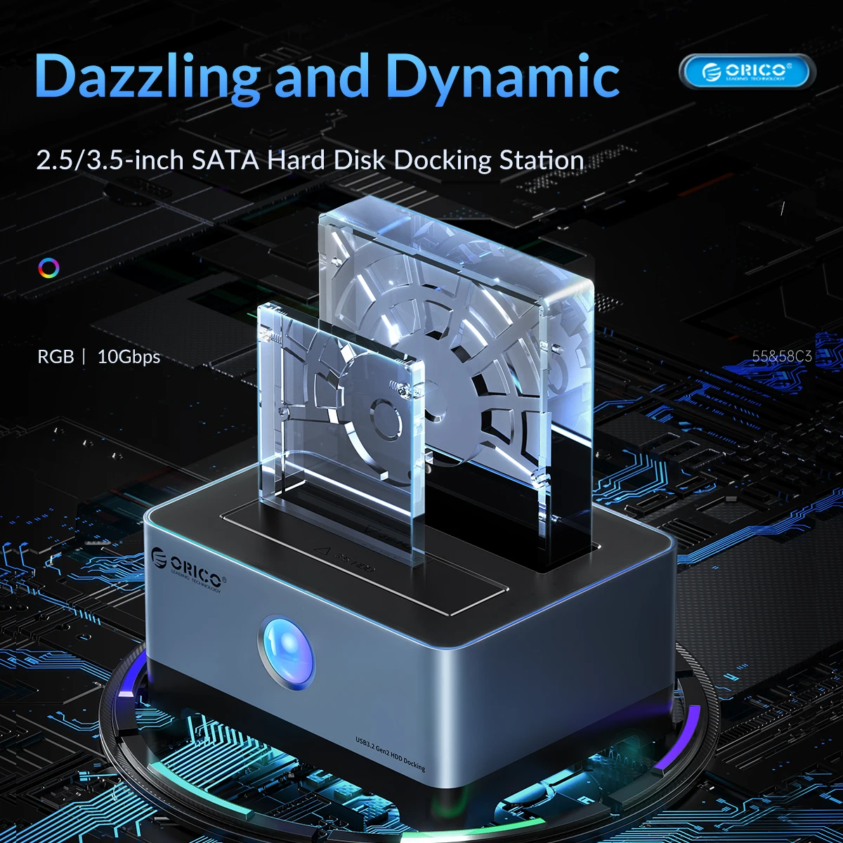 ORICO HDD Docking Station Type-C Aluminum 2.5/3.5 Inch HDD Case RGB Cyberpunk Design 10Gbps Fast Speed Hard Disk Bay for PC Case