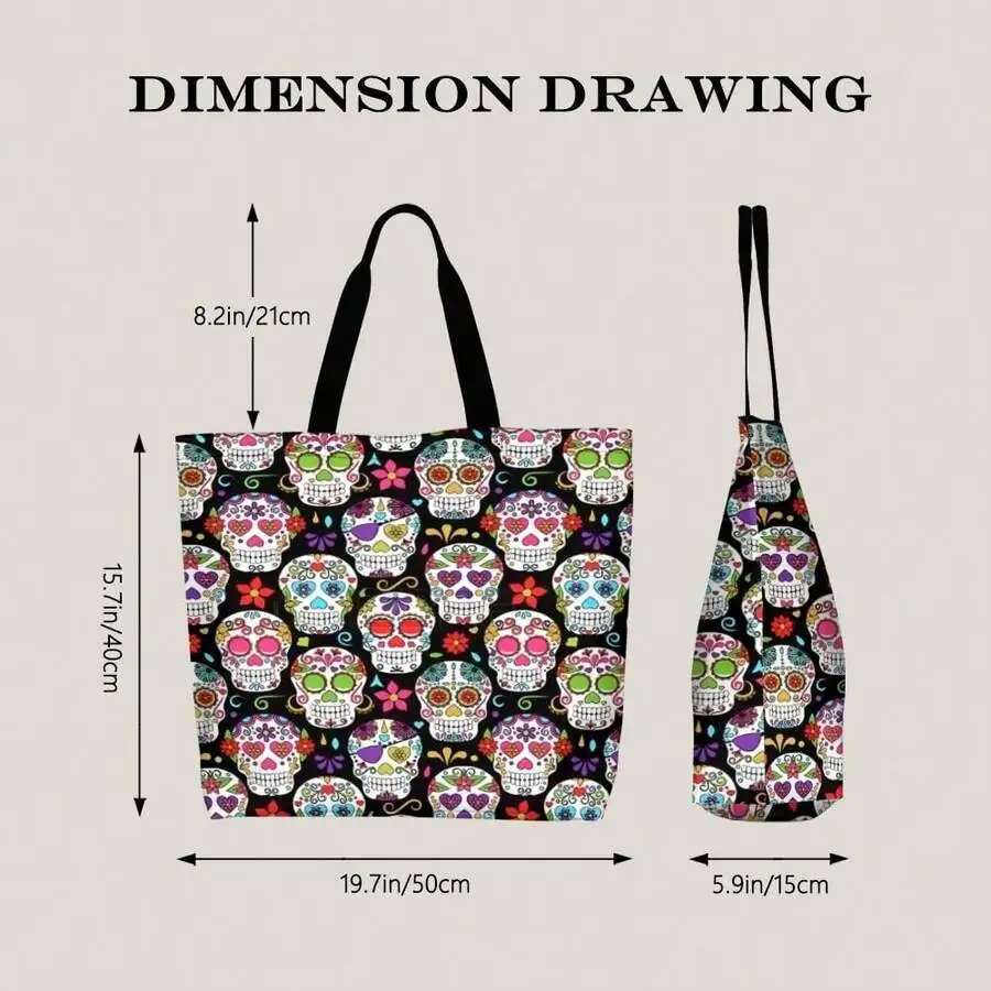 

Day Of The Dead Sugar Skull Tote Bag Vibrant Floral Skull Print Casual Handbag For Adults