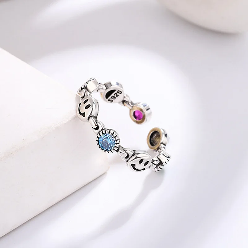 High Quality Trendy Smile Face Shiny Colorful Crystal 925 Sterling Silver Female Party Ring Jewelry For Women Birthday Gifts