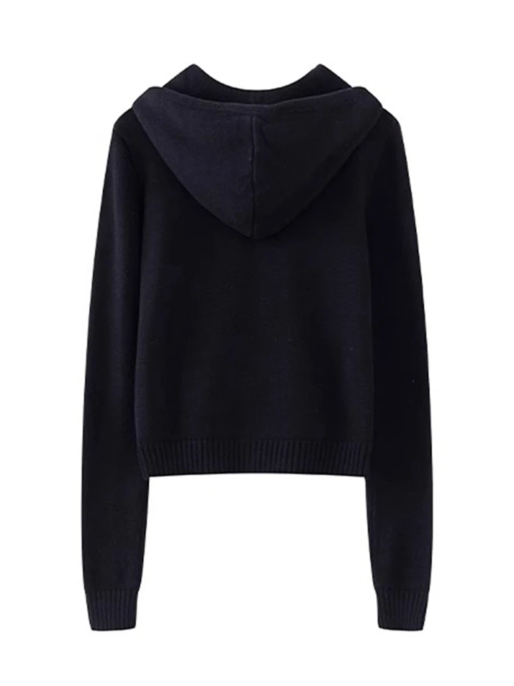 PUWD Vintage Women Black Hooded Knit Cardigan 2023 Autumn Casual Ladies Solid Zipper Sweaters Female Chic Pocket Tops