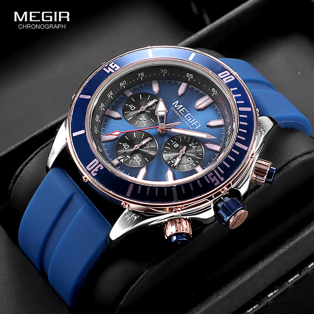 MEGIR Navy Blue Sport Watch for Men Fashion Waterproof Silicone Strap Chronograph Wristwatch with Luminous Hands Auto Date 2226