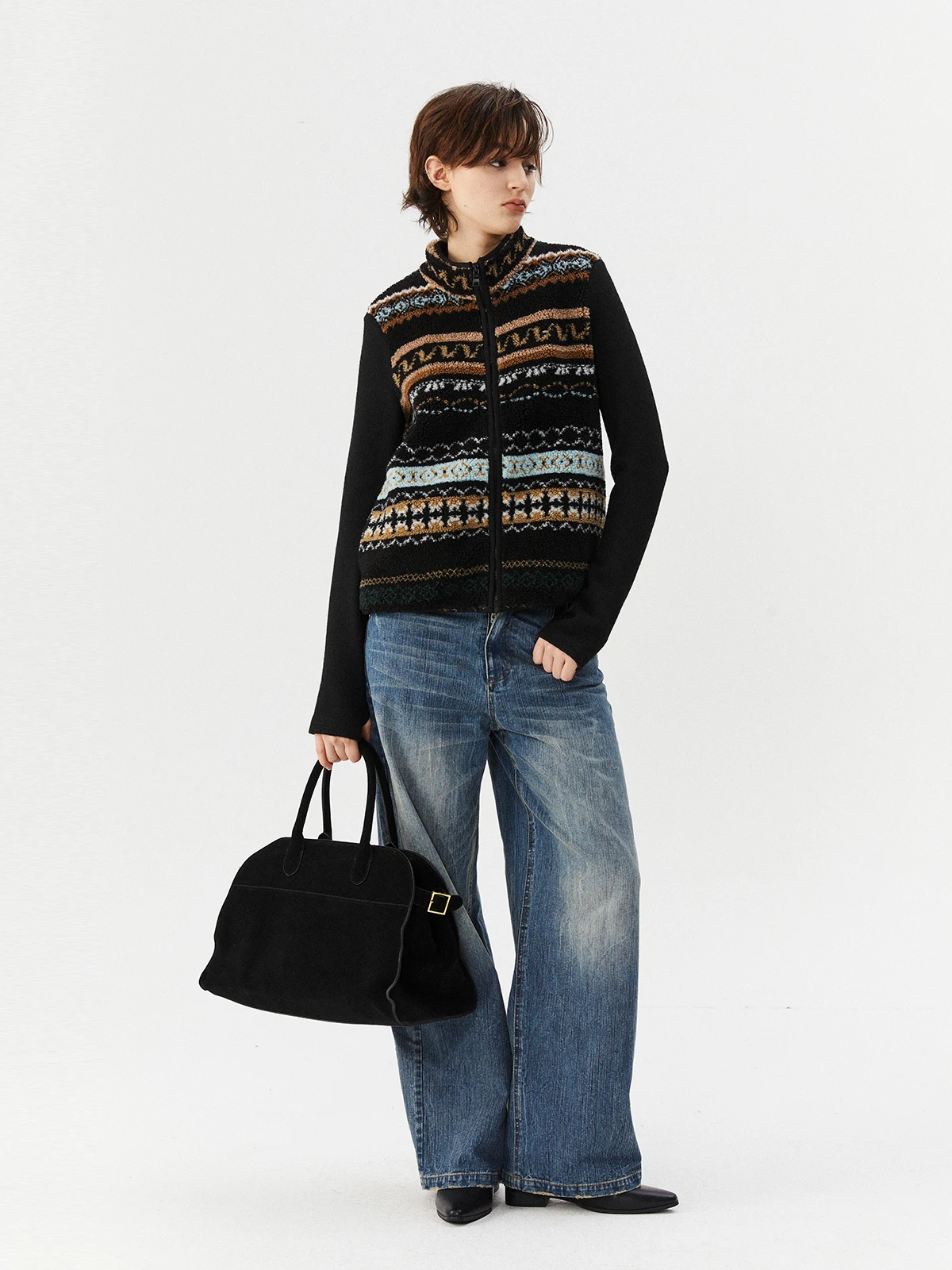 

INRM американский ретро ярмарка из меха ягненка, женский осенне-зимний открытый кардиган на молнии, топ, прямая трубка из полиэстера