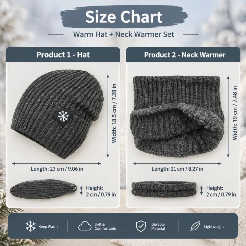 2-Piece Winter Warm Beanie Hat and Neck Warmer Set, Thick Ribbed Knit with Plush Fleece Lining