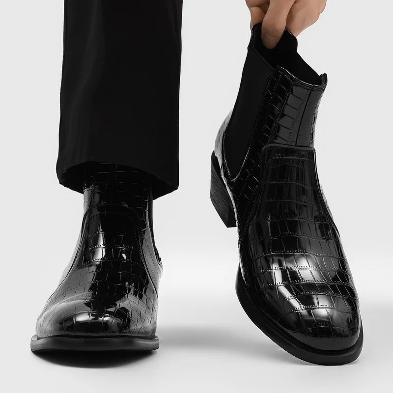 Autumn Winter Men Checkered Indentation Chelsea Boots Elastic Band High-end Feel Business Leisure Commuting Fashion Boots