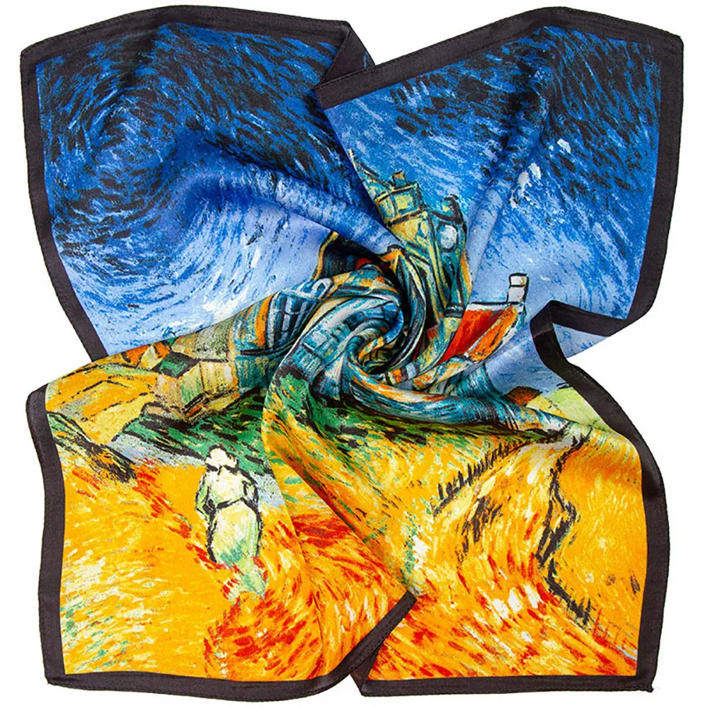 53 سنتيمتر الحرير الطبيعي الفاخرة رجل وشاح ساحة باندانا للسيدات ريترو الشتاء امرأة الحجاب صديق الهدايا الكنيسة في Auvers فان جوخ