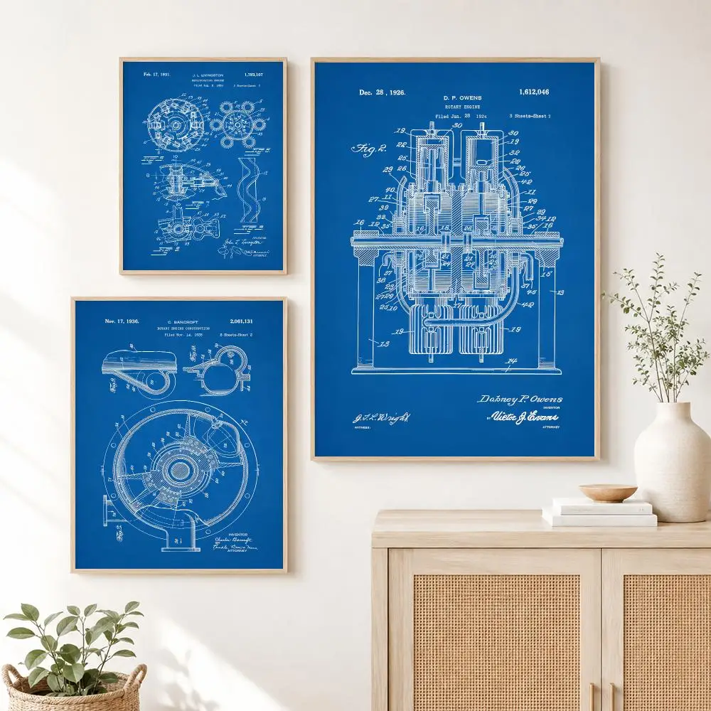Classic E-Engine Motor Mechanic Blueprints  Poster Self Adhesive Wall Art Decor for Bedroom Living Room Office Home Decor Gift