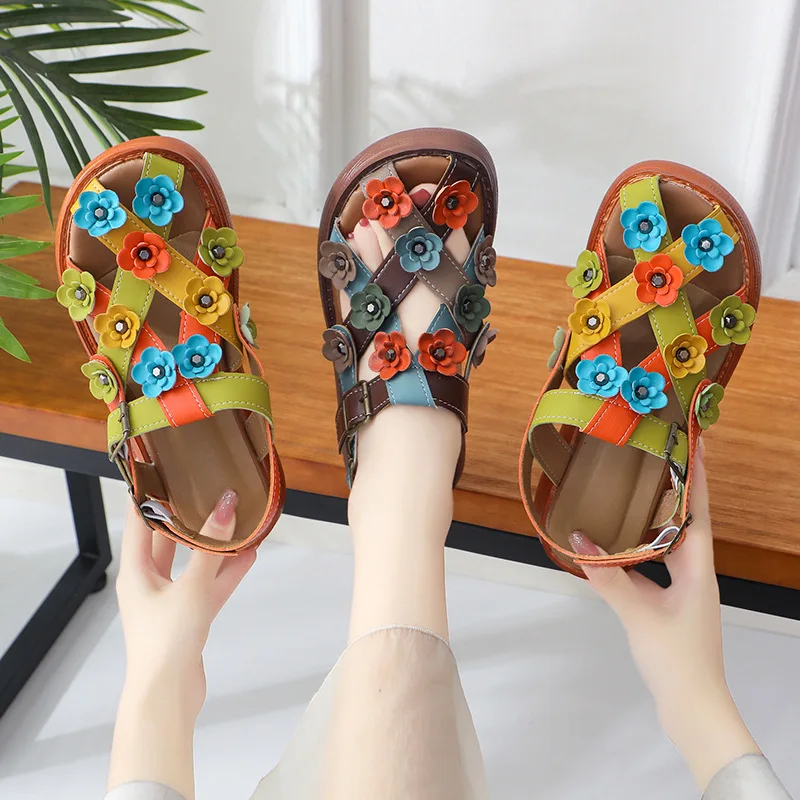 ZXRYXGS High Quality Microfiber Leather Classic Flowers Sandals Fashion Shoes 2024 New Summer Wedges Sandals Women Sandal Shoes