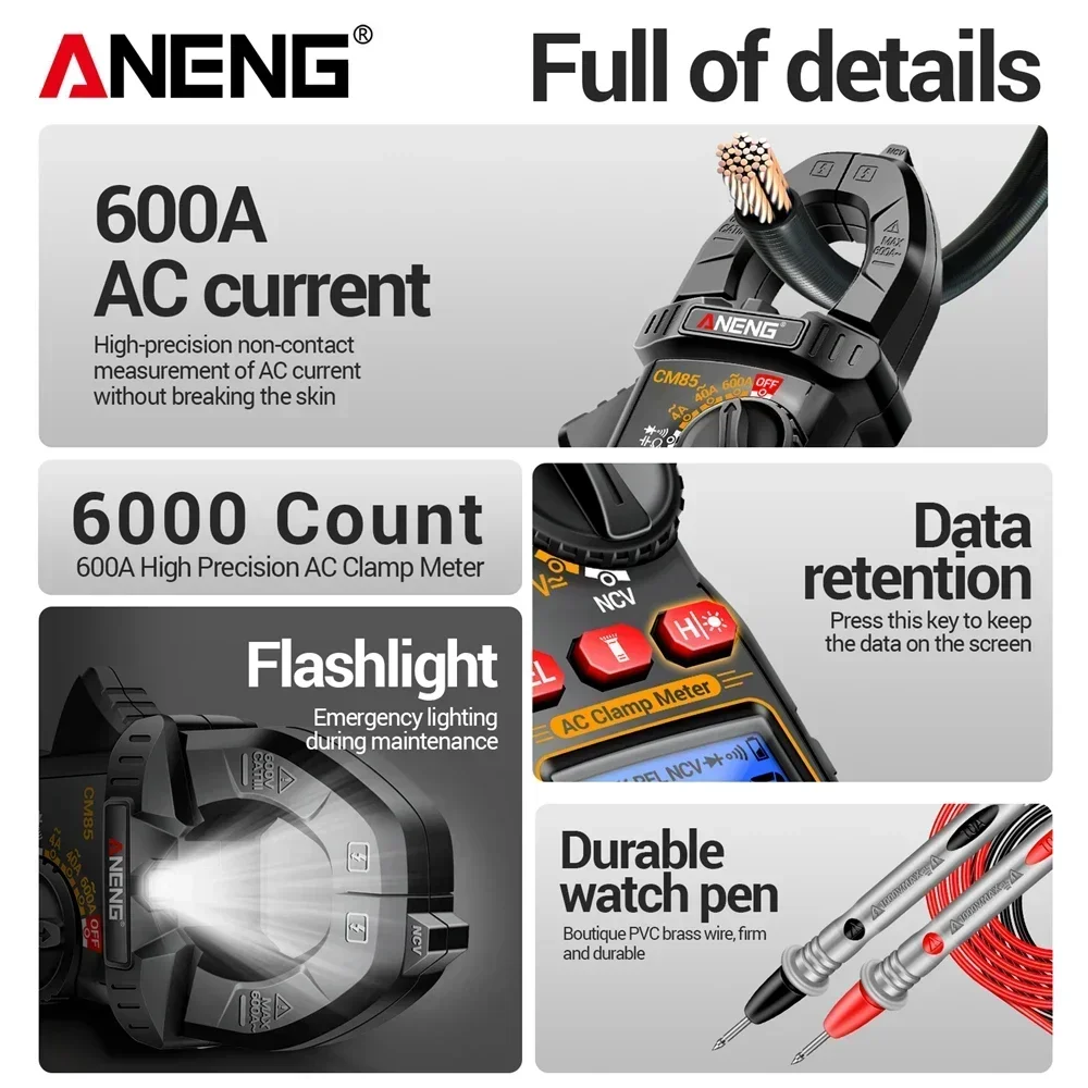 ANENG CM85 Clamp Meter AC DC Ammeter Clamp Pengukuran Daya Presisi Tinggi 6000 Hitungan NCV Tegangan Arus Alat Penguji Listrik
