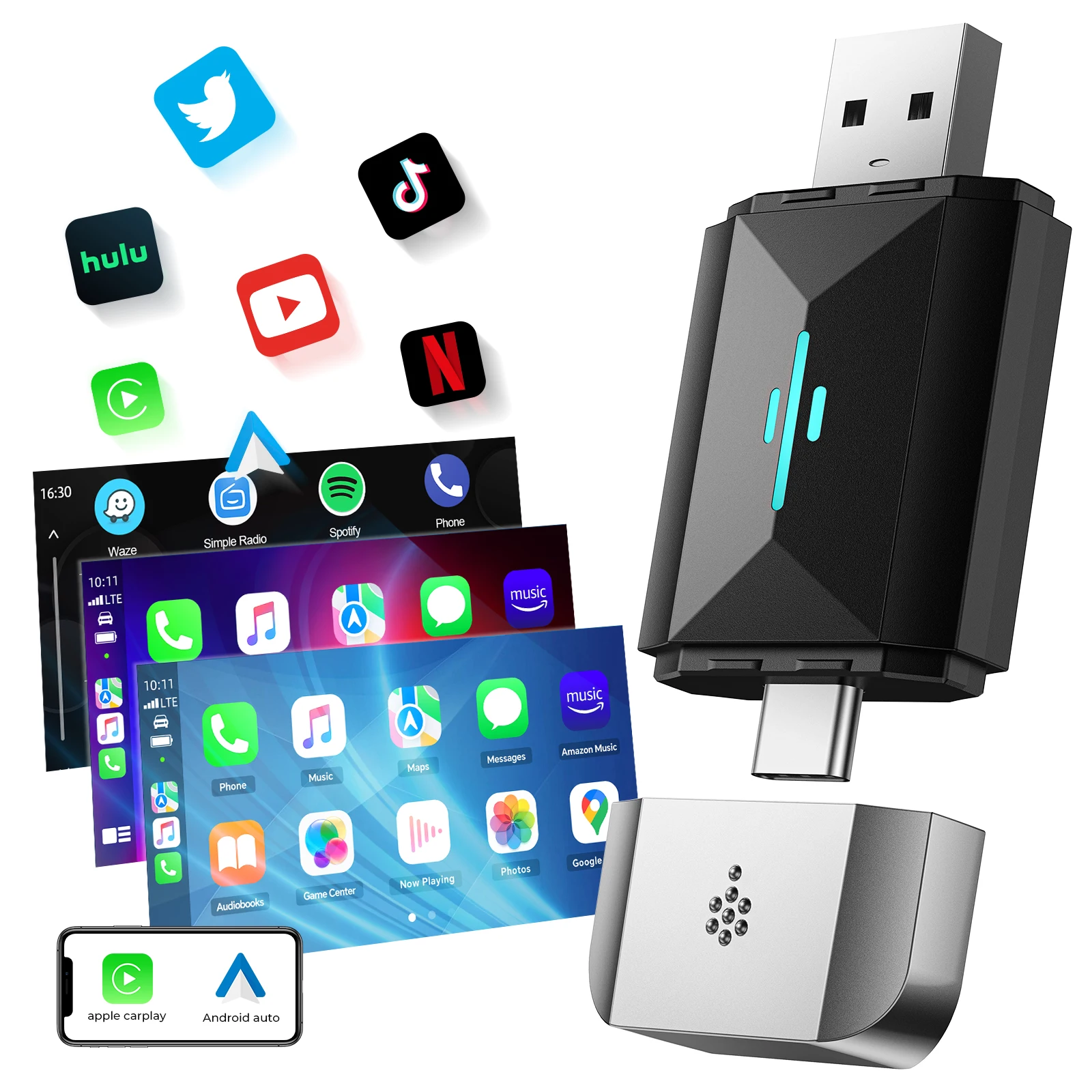 Toguard 2 In 1 Draadloze Carplay Adapter & Android Auto Draadloze Adapter, 5Ghz Wifi Type-C/Usb Plug & Play Carplay Draadloze Adapter