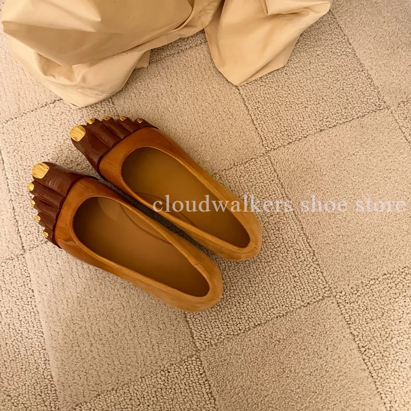 Novel Design Five Toe Ballet Flats Gradient Warm Brown Leather Model Toes Fashion Casual Shoe Sea Salt Blue Unique Toe Flat Shoe