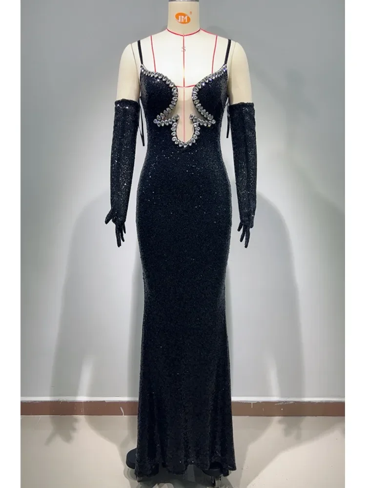 Luxury Designer Women Gala Dress Black Sexy Sleeveless Deep Neck Crystal Maxi Long Celebrity Evening Party Gowns High Quality