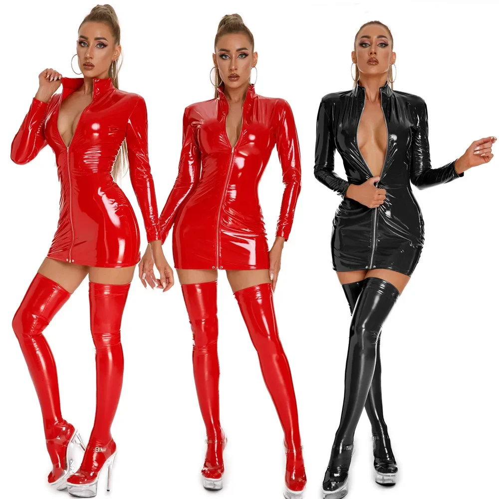 

Women Sexy Zipper Wetlook PVC Leather Dress Shiny Latex Sheath Bag Hip Skirt Erotic Breast Exposing Bodycon Mini Dress Clubwear