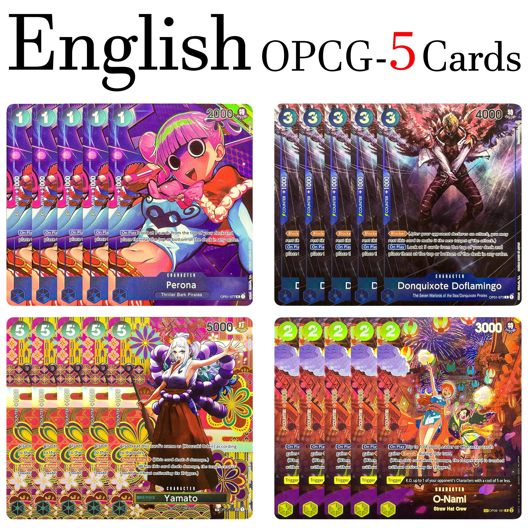 

5Pcs One Piece Card OP01-Nami Donquixote-Doflamingo Perona Porche S-Snake Tashigi Board Game Battle Card