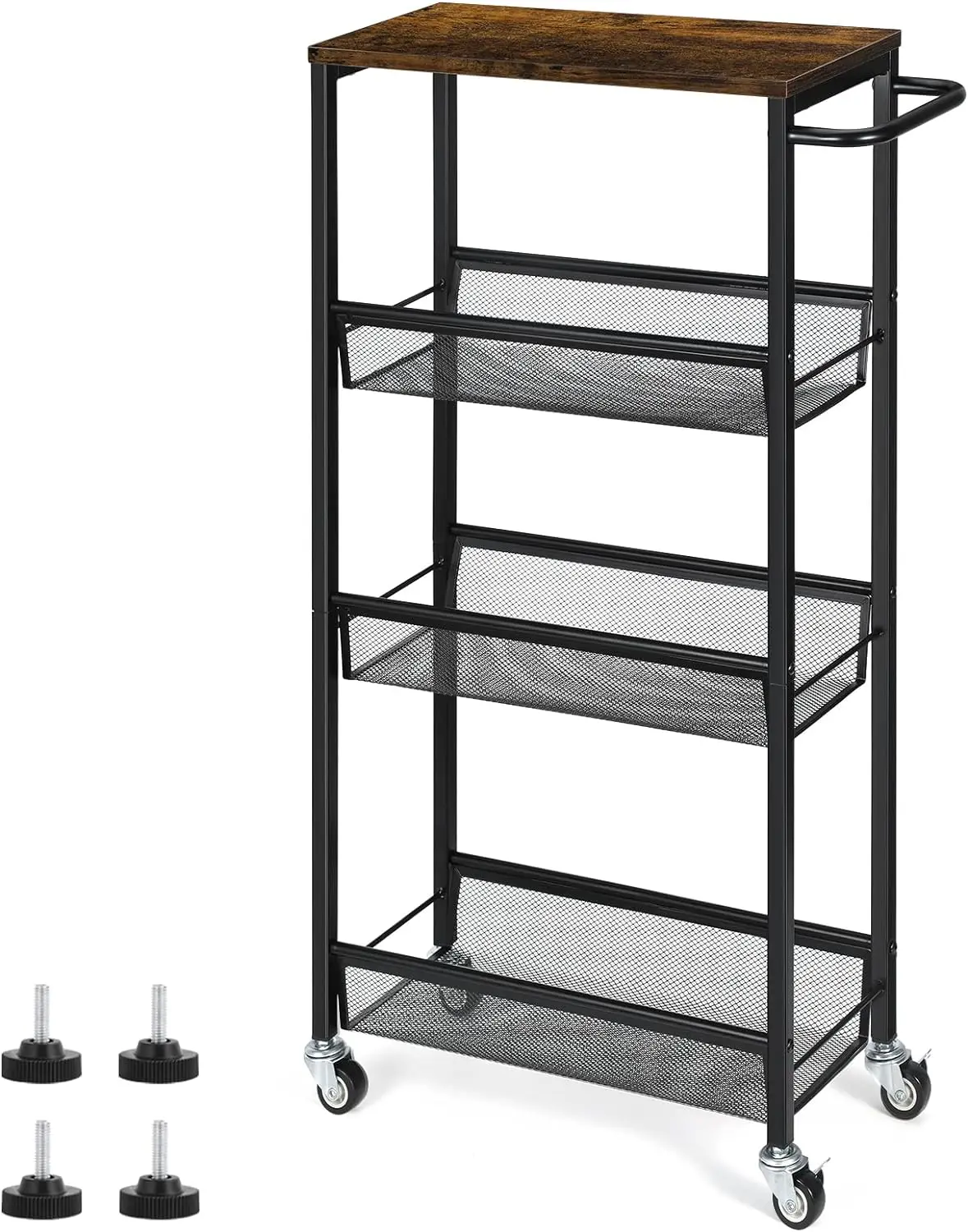 

4 Tier Slim Storage Cart, Narrow Shelving Unit for Small Space, Slide Out Rolling Cart with Wooden Top, Metal Handle and Wire