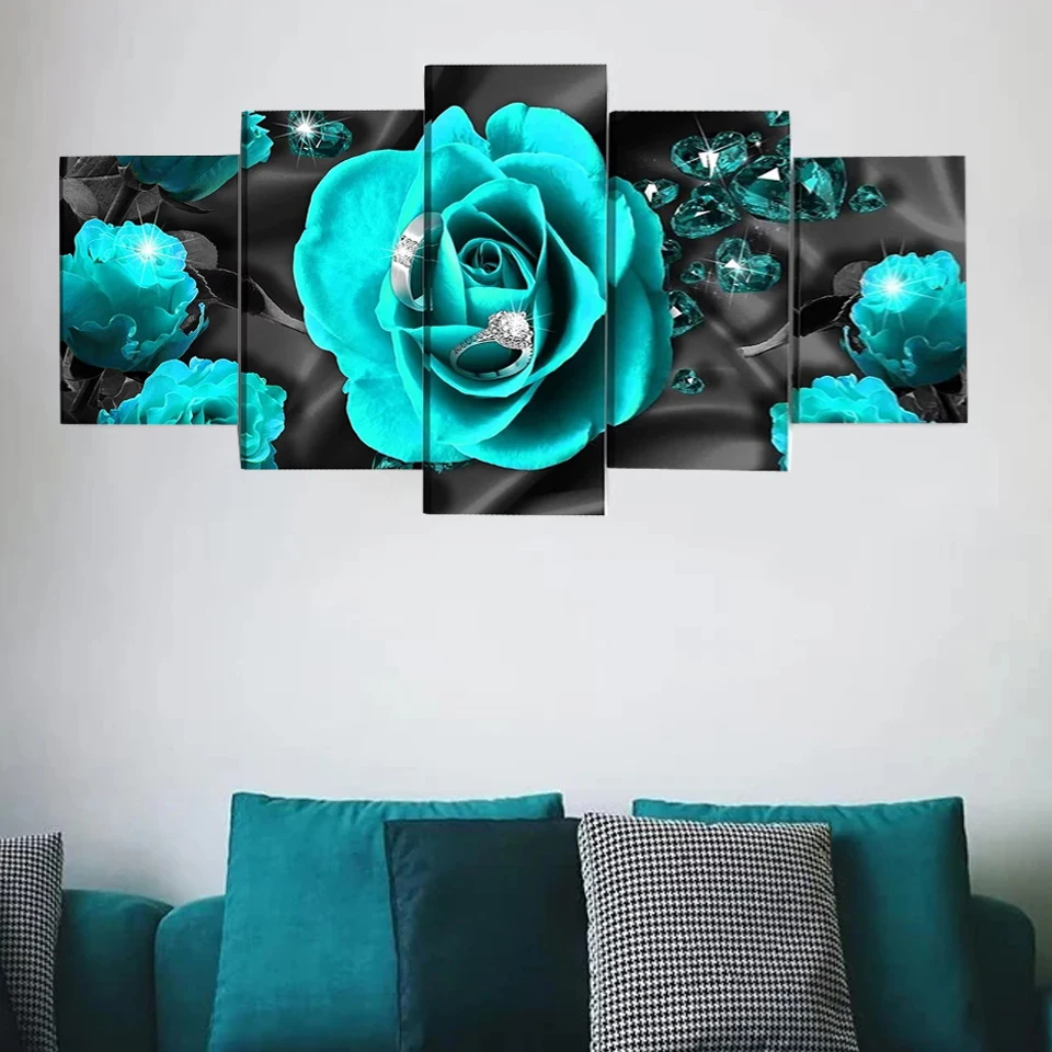 Blue green rose full diamond painting 5 panel diamond mosaic cross stitch living room decor modern blue and black roses GG1147