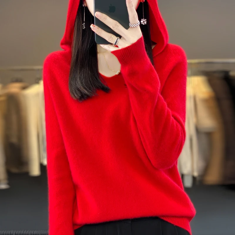 Women\'s Sweater Hooded V-Neck Loose Pullover Long Sleeve Knit 2023 New Seamless Readymade 100% Pure Woolen Sweater Autumn/Winter