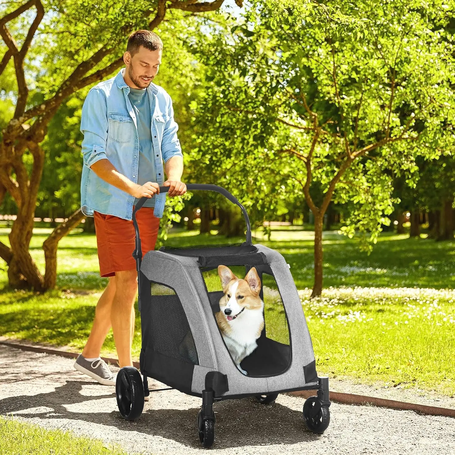 Pawhut Kinderwagen für mittlere und große Hunde, 4 Räder zusammen klappbarer Kinderwagen mit Universal rädern, Aufbewahrung skorb, Sicherheit