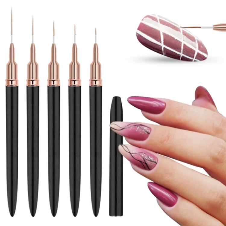 

5pcs Black Nail Art Liner Brush Set, Ultra-Thin Detail Painting Pens (7/9/11/15/20mm) for UV Gel, Elongated Lines & Stripes, Professional Manicure Tools with Cap