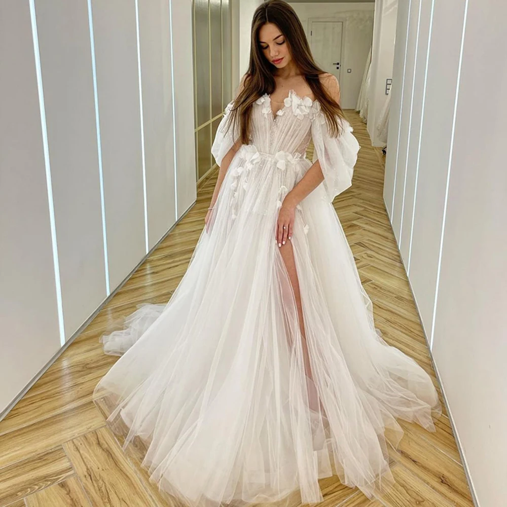 

Weilinsha 2022 A-Line Wedding Dresses Appliques Off Shoulder Bride Dress Floor Length High Split Princess Gowns