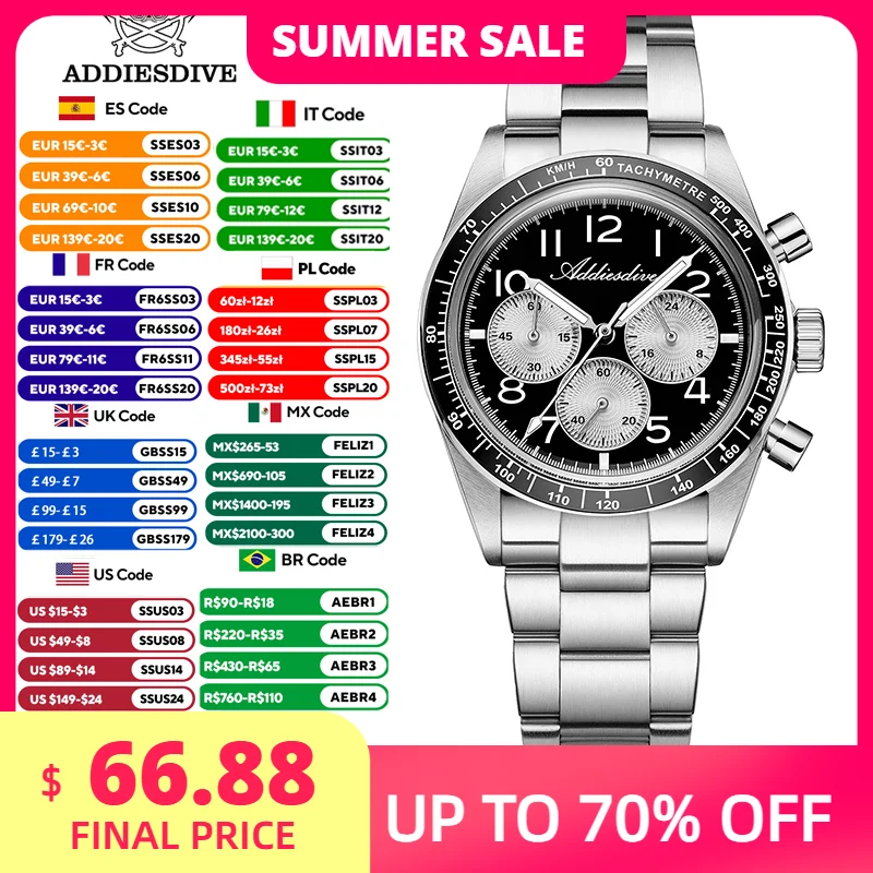 

ADDIESDIVE AD2543 Luxury Quartz Chronograph Watch 37mm Ceramic Bezel Stainless Steel BGW9 Luminous 100M Waterproof Men Watch