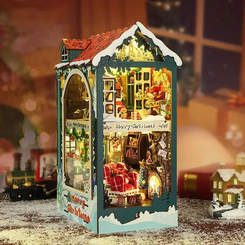 Miniature Christmas Book Nook 3D Wooden Puzzle Bookend Craft Kit Diorama Kits For Teens And Adults Booknook Decor Home Decor