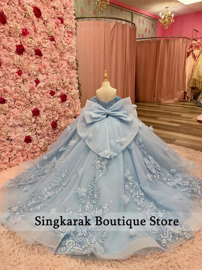

Glittering Blue Quinceanera Dresses Bow Appliques Vestidos De 15 Anos 3D Flower Beading Lace Birthday Party Gown Customized