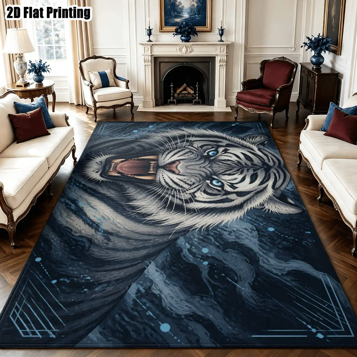 1Pc 2D Printed Carpet: Blue-Grey Abstract Art Tiger Pattern, Modern Minimalist/Vintage/Geometric Striped Style, Machine Washable, Multi-Size, Ideal for Home Decoration, Living Room, Bedroom, Dining Room & Entrance