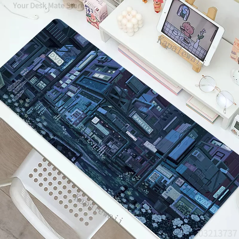 Calm Blue Tone Night Downtown Alley Flower Mouse Mat Waterproof Non-Slip Aesthetic Anime Town Computer Decor