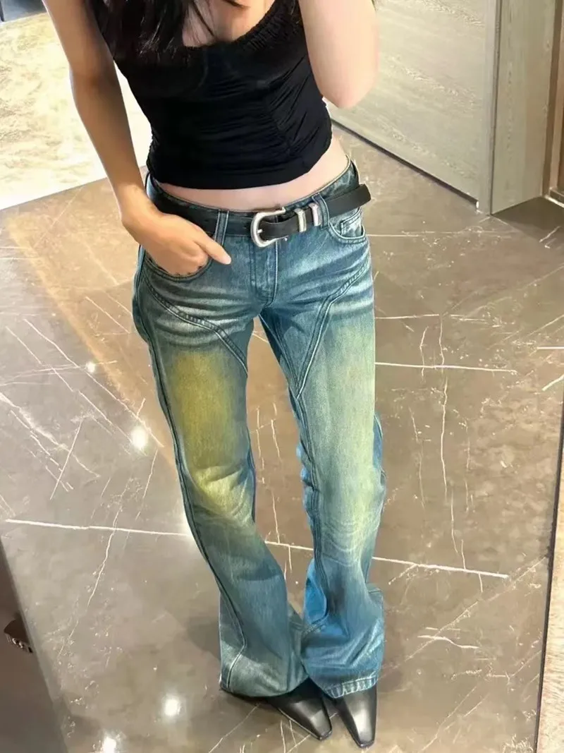 

Синие джинсы-клеш с эффектом потертости, женские, с низкой посадкой, утягивающие, в американском ретро-стиле, длинные, в пол, для уличной моды