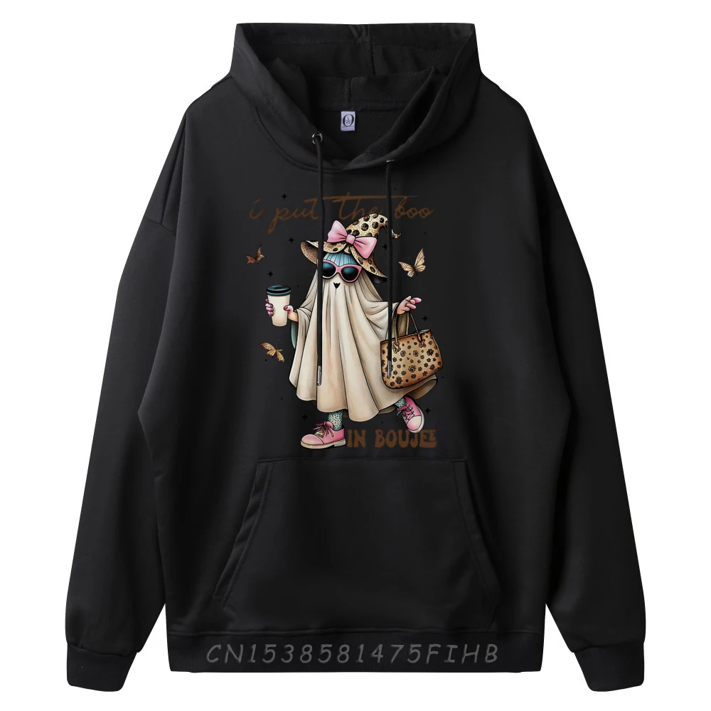 I Put The Boo In Boujee Ghost Bow Halloween Leopark Coffee Hiphop Streetwear Hoodies Men Vintage