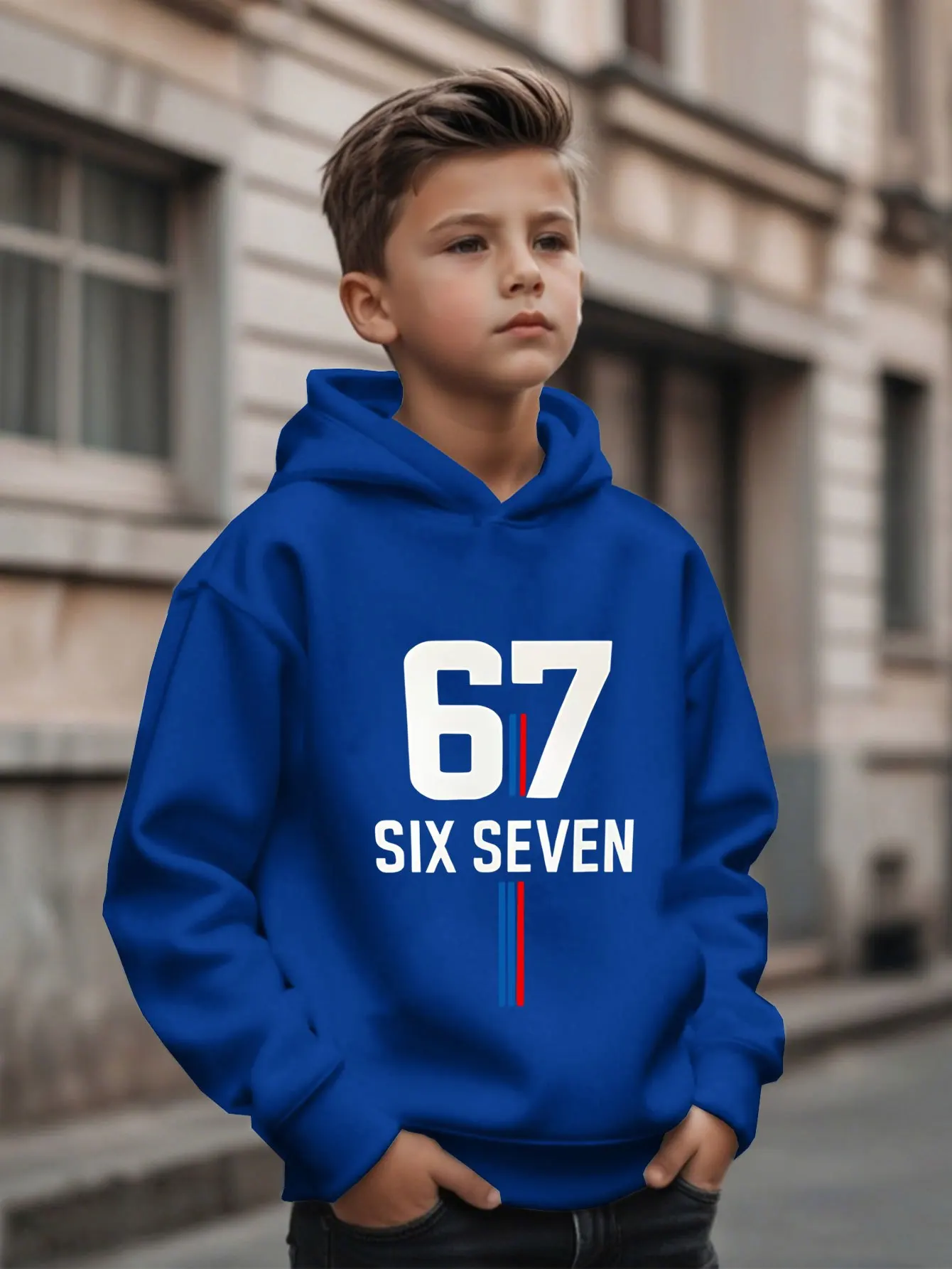Autumn/Winter Christmas children's hoodies featuring the number 67 and the word SIX SEVEN are stylishly designed.
