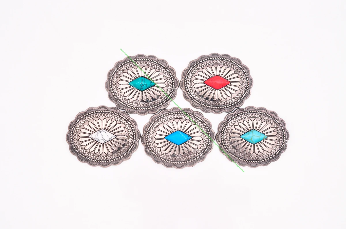Dw2336 6pcs antikes Silber indische ethnische Sonnenblume Türkis Western Concho Gürtel Leder handwerk Handtasche oval Concho Knopf Dekor – Detail 23