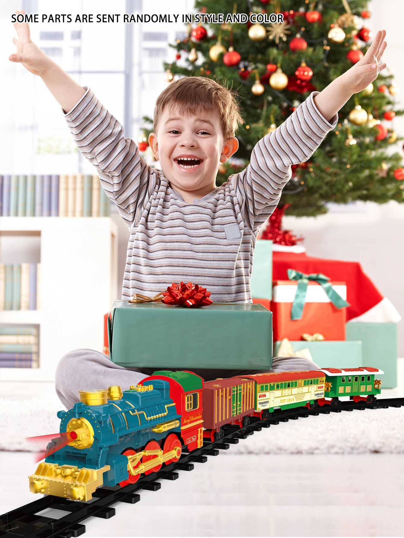 Classic steam children's electric rail train set, with train simulation sound, Christmas music, with spray