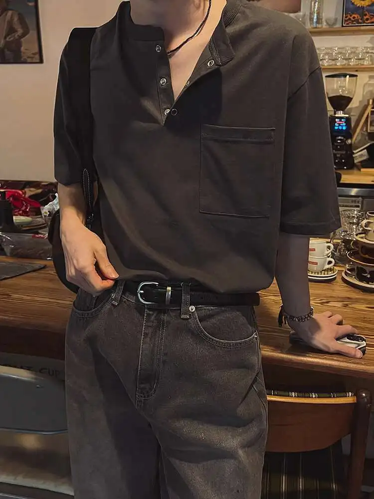 

SYUHGFA 2025 Korean Style Men's Tees Round Collar Button Design Solid Color Casual Pocket Cloth Loose Short Sleeve Male T-shirt