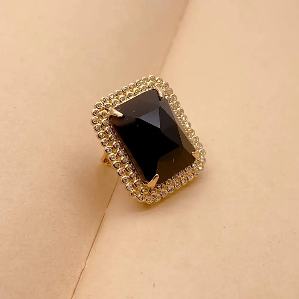 YYGEM 23x27mm Black Onyx Rectangle Cz Pave Ring Gold Plated Adjustable Ring Fashion Party Jewelry - view 5