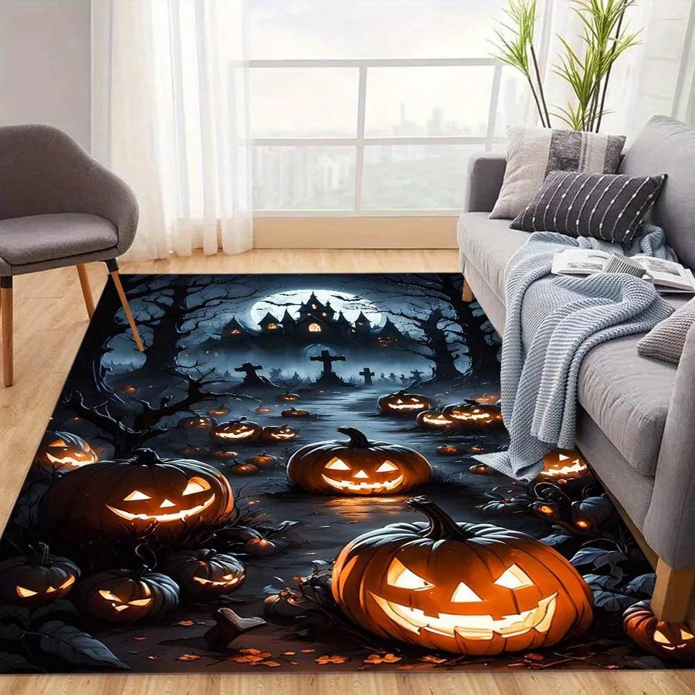 VIKAMA Haunted House Halloween Area Rug,Non‑Slip Floor Mat,Glowing Pumpkin Bat Moon Spooky Carpet for Living Room Home Decor Rug