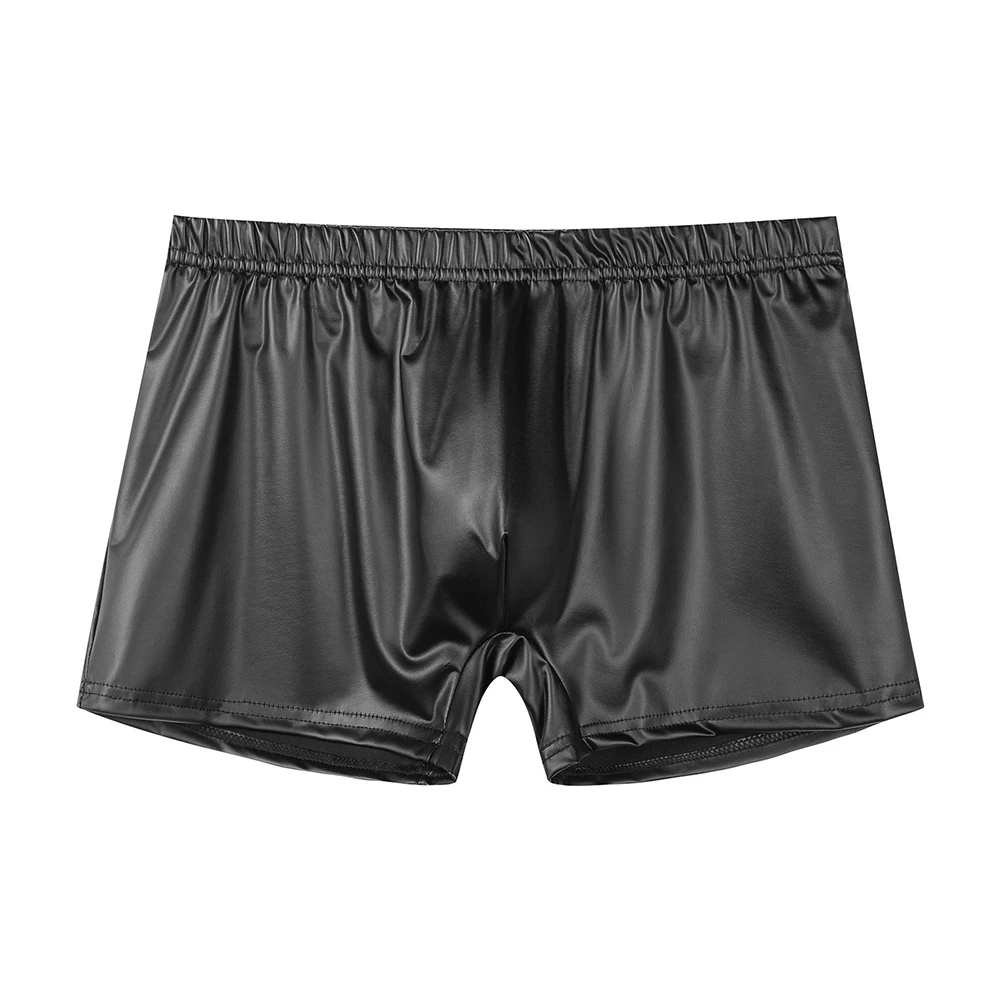 Bañador Sexy de piel sintética para hombre, ropa interior de aspecto húmedo, calzoncillos con bolsa para bulto, pantalones cortos de playa de cuero
