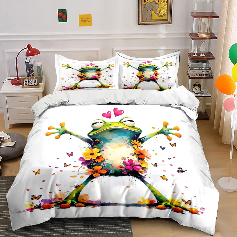 Joyful frog with flowers and butterflies Bedding Set for Kids Luxury Gift 3pcs Digital Print Comforter Set Soft Comfortable