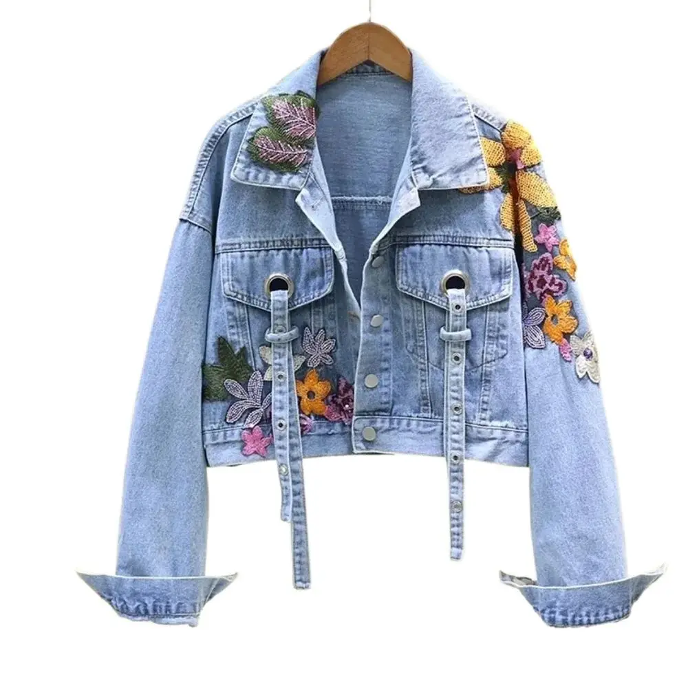 

2024 Spring New Korean Version Bf Loose Heavy Industry Flower Embroidery Sequined Denim Jacket Female Short Fashion Jacket.