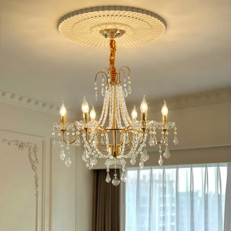 Gold Candle Crystal Chandelier Vintage Large Multi Tier Pendant Light With White Pearl Beads For Living Room Dining Room