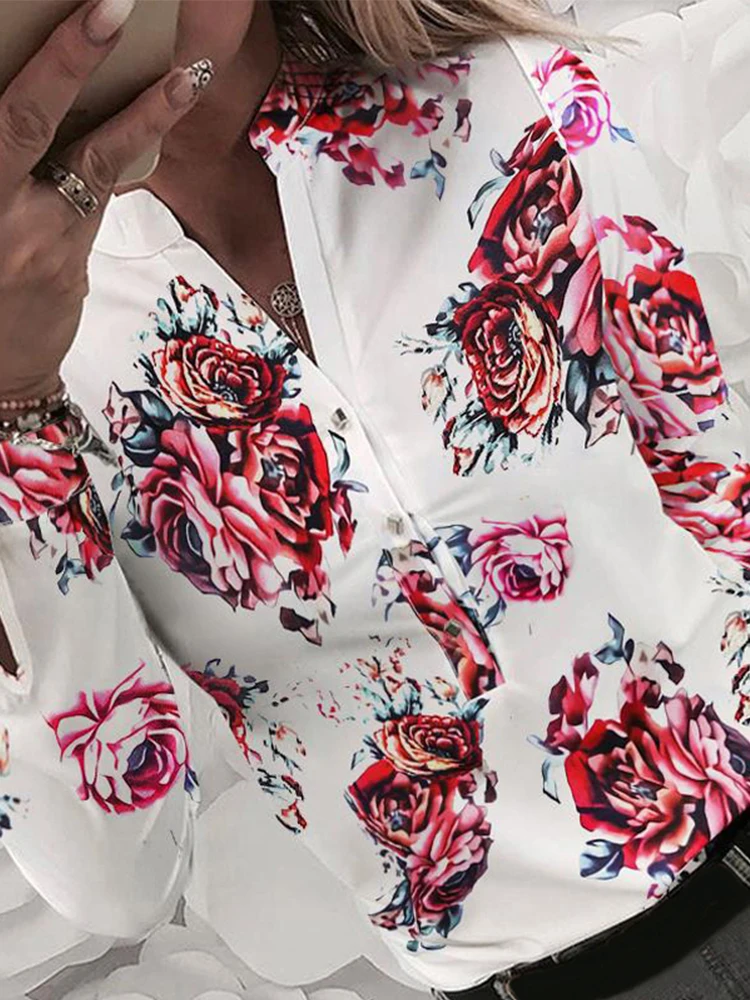 Women's Flower Heart Print Blouse 2024 Fashion Spring Summer Casual Long Sleeve V Neck Shirt Ladies Elegant Buttons Dating Tops