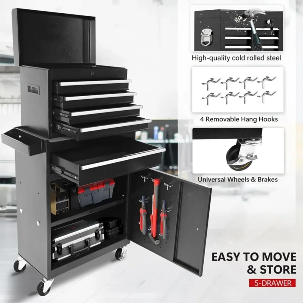 Wózek narzędziowy z 5 szufladami - Przenośna szafka do przechowywania narzędzi w garażu z kółkami i szufladami zamykanymi na klucz