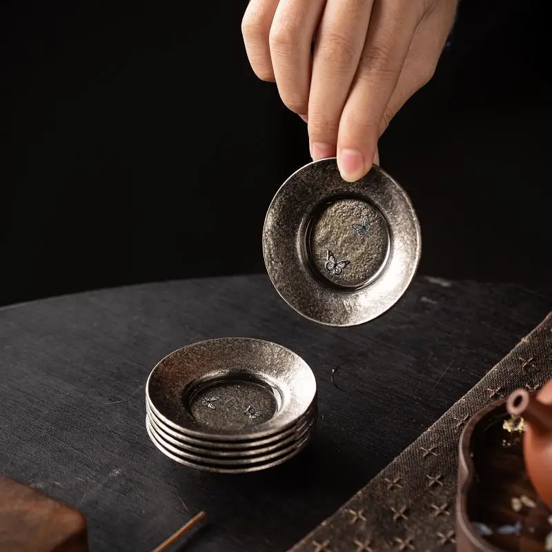 Zen Style Round Tea Cup Mat Antique Alloy Brass Lotus Flower Non-Slip Heat Insulated Pad for Home Living Room Decor