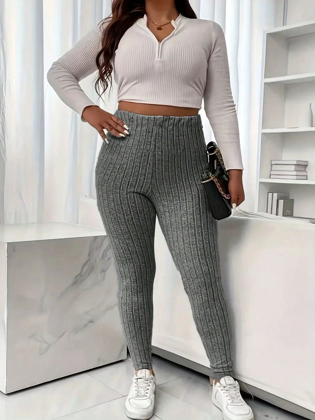 Women Plus Size Vertical Ribbed Knit High Elastic High Waist Tummy Control Slim Leggings Soft Stretchy Daily Lounge Pants