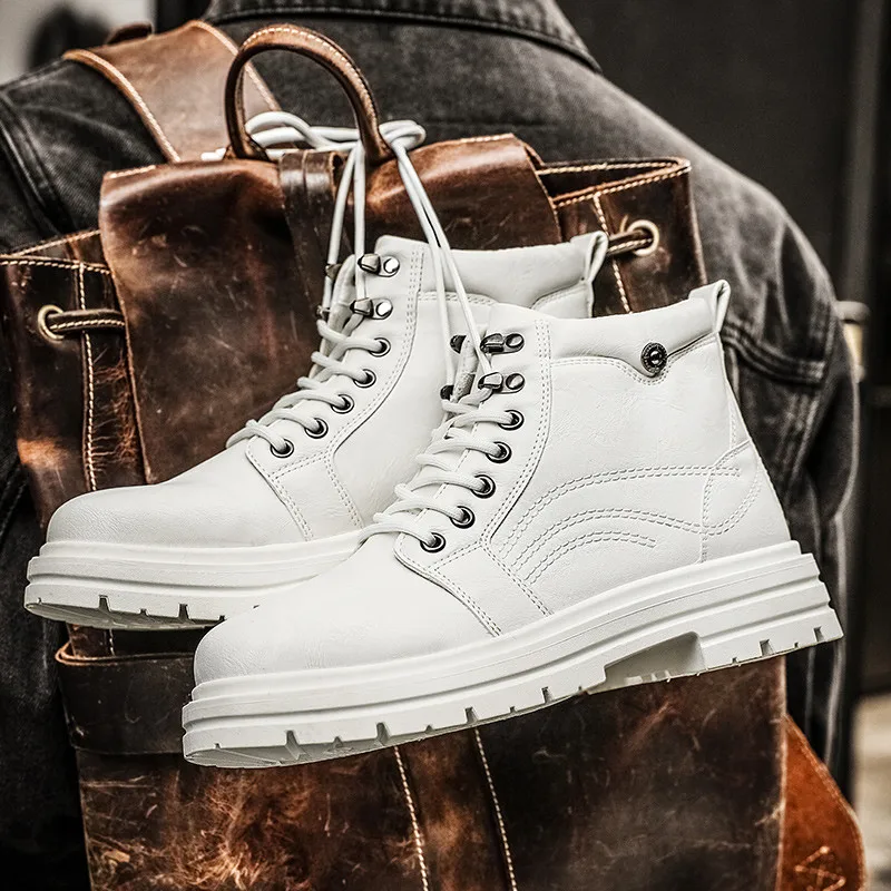 2024 Fashion Men's White Boots Autumn and Winter Leather Ankle Boots For Men Street Hip Hop Tooling Shoes Men Motorcycle Boot